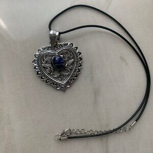 1847 Intricate Silver Heart Pendant Necklace with Blue Stone